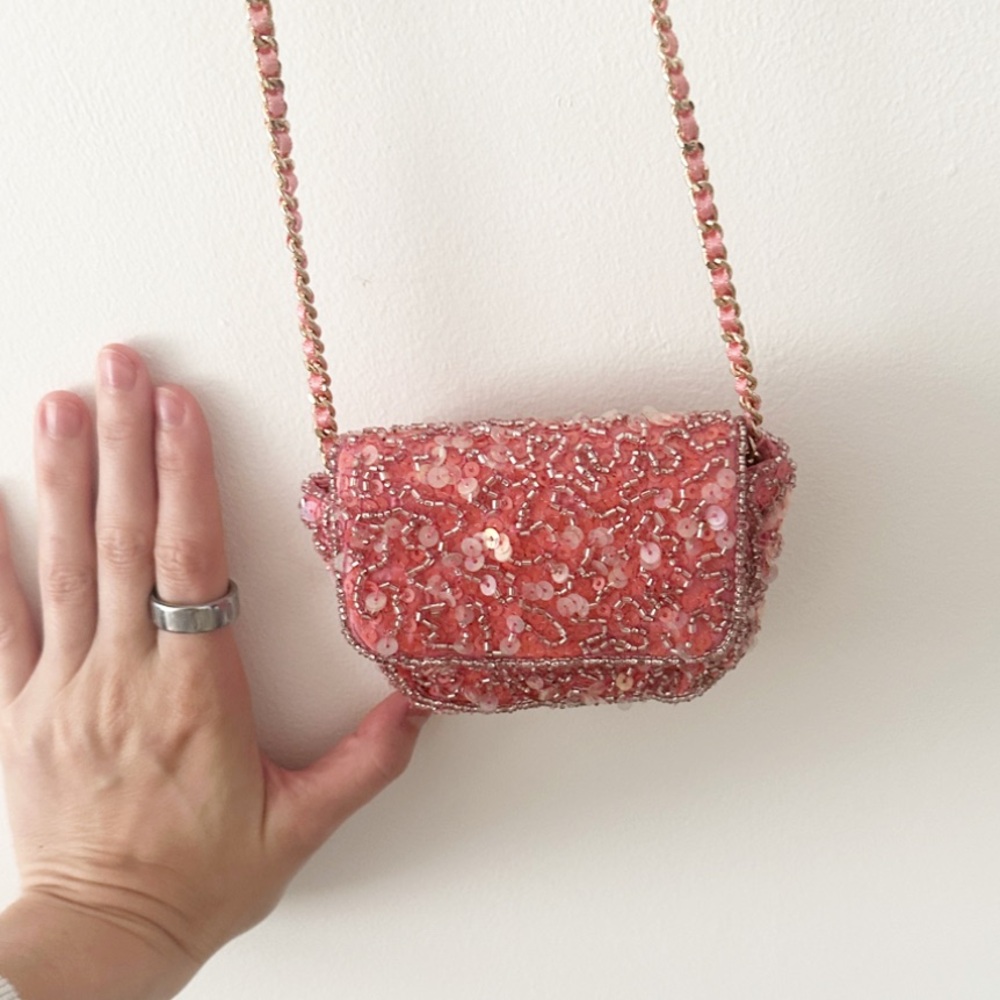 Pink / Gold Mini beaded crossbody bag.